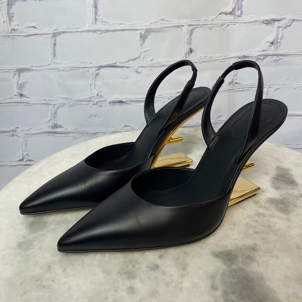 Fendi Black Pointed Slingback Heels with Gold Sculptural Heel